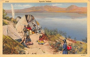 Postal de lino de colección indios apaches con aspecto nativo del lago Roosevelt - Imagen 1 de 2
