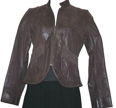 Arden B. Chaqueta con cremallera de cuero gamuza marrón para mujer talla: M Foto 1 de 3