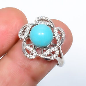 Copper Blue Turquoise Gemstone 925 Sterling Silver Ring Size Adst (R131)