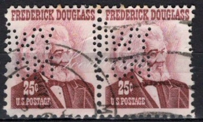 Perfins USA 1965, Sc1290 2x 25c Frederick Douglass. Used HWYCOM - Image 1 of 3