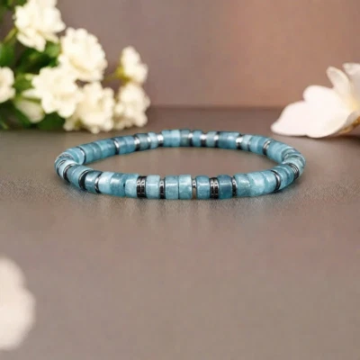Pulseira elástica feminina 6 mm contas de água-marinha e hematita cura Reiki presente - Imagem 1 de 3