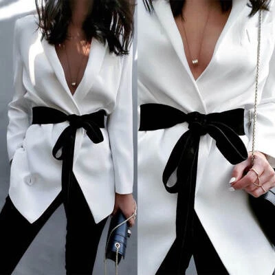 Dressy Women's Suit Notch Lapel Black Belted Business Casual 2 Piece Set — 第 1/4 张图片