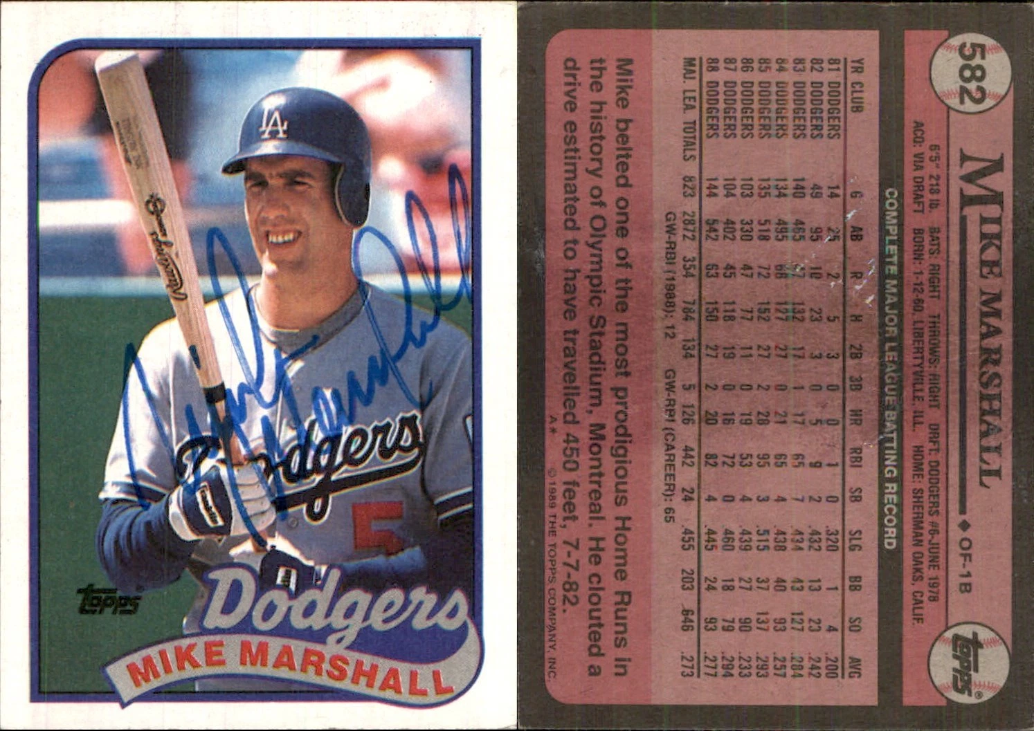 Mike Marshall Signed 1989 Topps #582 Card Los Angeles Dodgers Auto AU