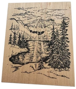 Sello de goma de madera Northwoods pintoresco lago naturaleza paisaje bosque montañas escena - Imagen 1 de 5