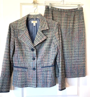Traje Falda Talbots Talla 8 Tweed Azul Rosa Gris Business Academia Foto 1 de 4