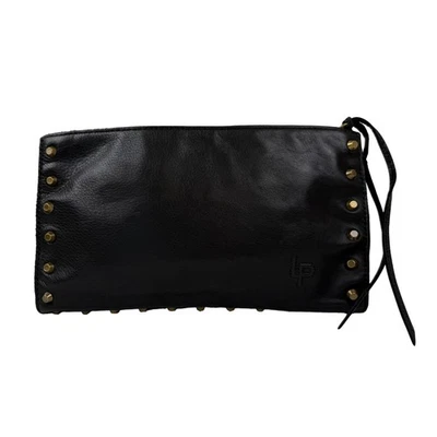 Linea Pelle Clutch Womens Black Leather Studs Wristlet LP Logo Zebra Lining Bag - Image 1 of 4