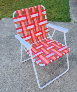 Vintage Aluminum Folding Webbed Lawn Chair Profile Beach Chair Pink Tangerine - Picture 1 of 11