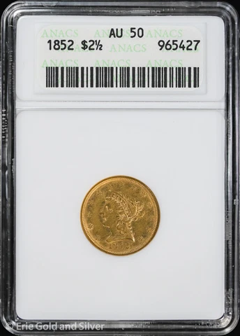 1852 $2.50 Gold Liberty Head Quarter Eagle ANACS AU 50 | Soap Box Cover