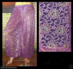 Pantalones harén danza del vientre encaje púrpura con patrón floral plateado y dorado - Imagen 1 de 1