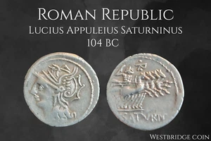 104 BC Roman Republic Denarius - L. Saturninus Silver – Roma/ Saturn in Quadriga - Picture 1 of 3