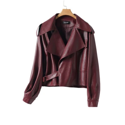 Womens Real Leather Short Coat Overcoat Loose Fit Motorcycle Lapel Collar Spring - Image 1 of 4