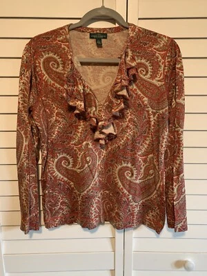 LAUREN JEANS CO LRL Women Medium/Large Paisley Ruffle Front Cotton Boho Top READ - Image 1 of 4