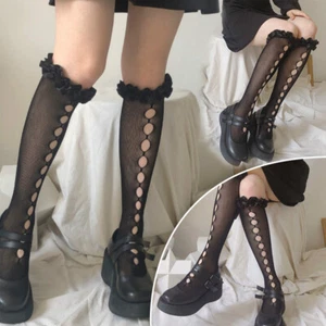 Girl Gothic Lolita Knee-high Lace Stockings Hollow Socks Ruffle Edge Black/White - Picture 1 of 14