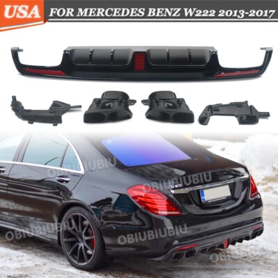 For Mercedes Benz W222 S550  S63 2013-2017 Rear Diffuser w/LED Light + Exhuast - Image 1 of 4