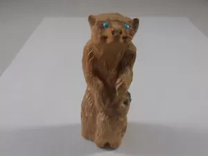Zuni Handcrafted Carved Bear & Cub Turquoise Eyes Fetish Figurine Signed W Laate - Picture 1 of 9