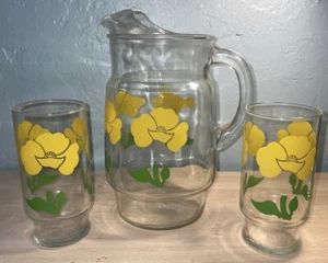 Vintage anchor hocking yellow foxy flowers poppy pitcher and drinking glasses - Picture 1 of 10