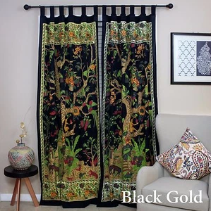 Handmade Tree of Life Tab Top 100% Cotton Curtain Drape Panel 44x88 Black Gold - Picture 1 of 6