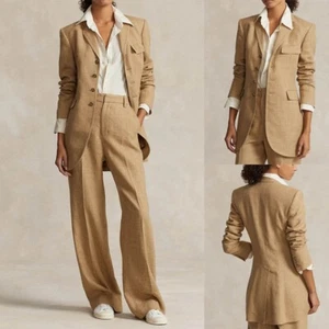 Women's Spring Summer Linen Suits 2 Pieces Regular Fit Office Busienss Formal - Picture 1 of 14