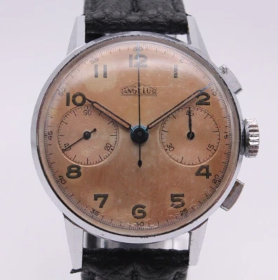 Reloj cronógrafo trasero de acero vintage Angelus 35,5 mm para hombre resorte principal roto Foto 1 de 4