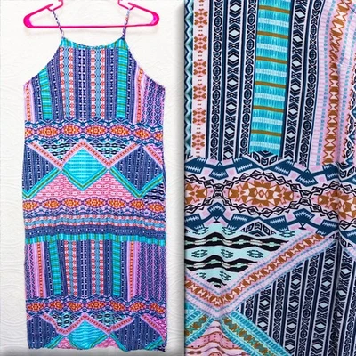 Vestido de Verano con Correa de Espagueti Estampado Azteca Colorido Gloria Desteñido Talla 12/14 (T-407) Foto 1 de 4