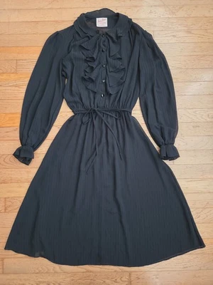 Vtg  Joni Blair of California Women's Black Semi Sheer Long Sleeve Ruffle Dress - Image 1 of 4