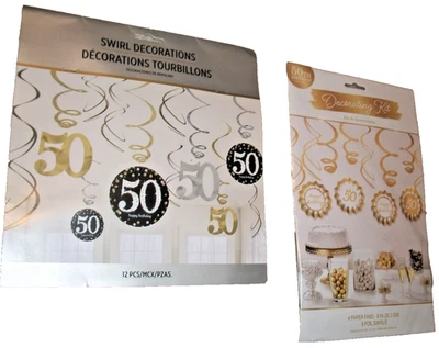 2pks 50TH HAPPY BIRTHDAY DECORATING KIT HANGING FANS SWIRLS GOLD (B195) - Image 1 of 4