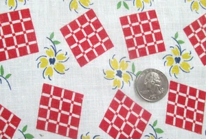 Vintage Partial Feedsack: Miniature Red and White "Quilts" & Yellow Flowers - Picture 1 of 2