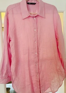 BNWOT Zara Pink Linen Blend Shirt with Ruched back Size L - Picture 1 of 11