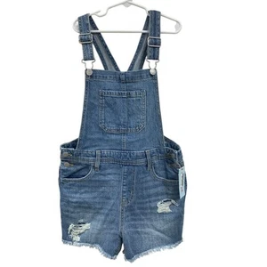 NWT New Cat & Jack Girls Large (10/12) Blue Denim Stretch Shortalls Overalls - Picture 1 of 3