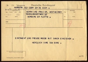Ida EHRE★Original-TELEGRAMM★Hamburg, 31. März 1951★an Dr. Westheimer, HH★S. GUT - Bild 1 von 2