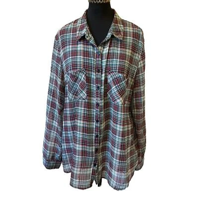 Xhilaration Long Sleeve Plaid Button Front High/Low Woman's Shirt Size L - Image 1 of 4