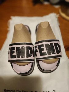 Fendi Joshua Vides Pink Black Leather Logo Mule Slides Flat Flip Flop Shoes 7 - Picture 1 of 8