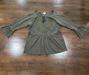 J. JILL Green Embroidered Floral  Tunic Top L Boho Tassel Tie Neck Bell Sleeve - Picture 1 of 9