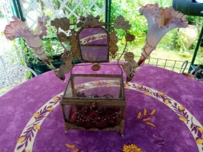 Ancien Coffret Mariage Globe Miroir Fleurs Cire Soliflores Tulipe en Verre Rose - Photo 1/4