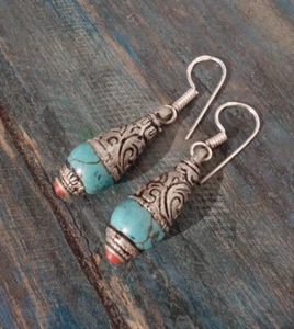 Hermosos Pendientes Hechos A Mano, Turquesa Y Plata Del Tíbet De Nepal - Imagen 1 de 2