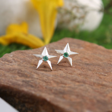 Handcrafted Star Shape Earrings Natural Emerald 925Sterling Silver Antique Studs