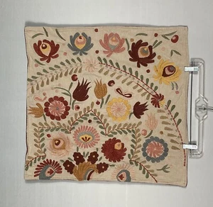 Pottery Barn Pillow Cover Beige 24” Sq Red Floral Embroidered Crewel Velvet - Picture 1 of 4