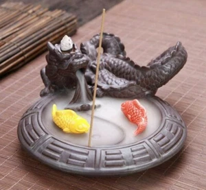 Ceramic Backflow Incense Burner with Dragon & Fish - Picture 1 of 4