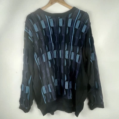 Винтажный 3D вязаный свитер Coogie стиль мужской XL черный синий 90-х геометрический Канада сделано - Изображение 1 из 4