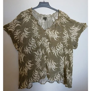 Wonderly Olive Green Bleached Fern Print Casual 4X Short Sleeve Top Shirt Gauzy - Picture 1 of 4