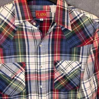 Vintage ELY PLAINS Mens L Plaid Pearl Snap Western Shirt Long Sleeve - Image 1 of 4