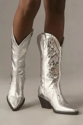 Dolce Vita Rasma Botas Vaqueras Mujer 7 Anchas Pantorrilla Plateadas Metálicas Occidentales Nuevas Foto 1 de 4