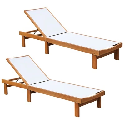 2PC Patio Lounge Chair Chaise Solid Wood Back Adjustable Recliner Deck Furniture - Image 1 of 4