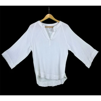 KYLA SEO Tunic S White 3 Qtr Sleeves Raw Hems Lagenlook Beachy India 100% Cotton - image 1 of 4
