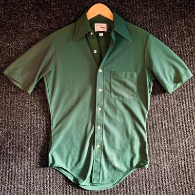 Camisa masculina vintage malha flecha 14,5 verde anos 70 gola discoteca manga curta botão para cima - Imagem 1 de 4