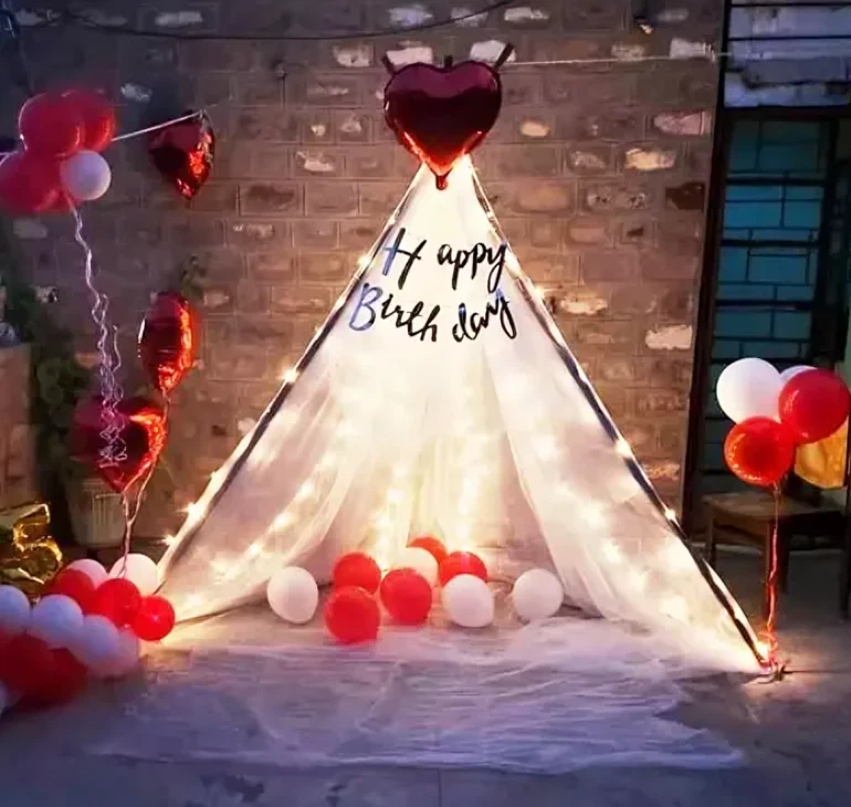 Birthday Cabana Tent Decor Kit – White Net, LED Light, Balloons, Banner - Image 1 of 3