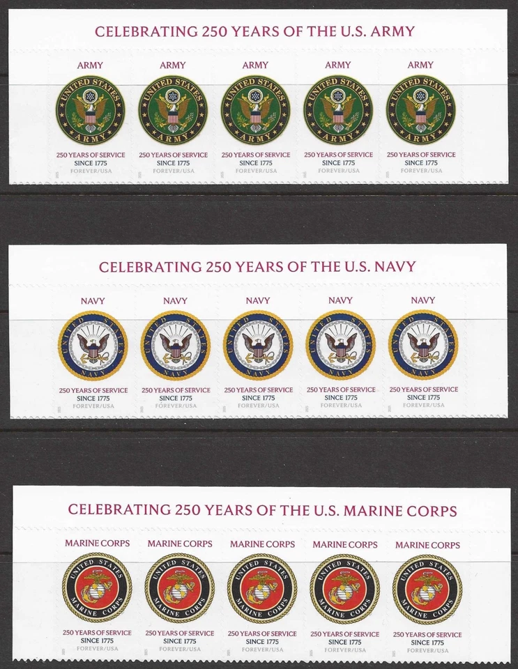 USA Sc. 6003-5 (F) Army, Navy & Marines 2025 MNH inscription strips of 5 - Image 1 of 1