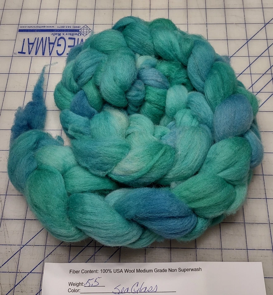 Hand Dyed Painted Med Wool Blend Combed Top Roving Spinning Felting Sea Glass - Image 1 of 1