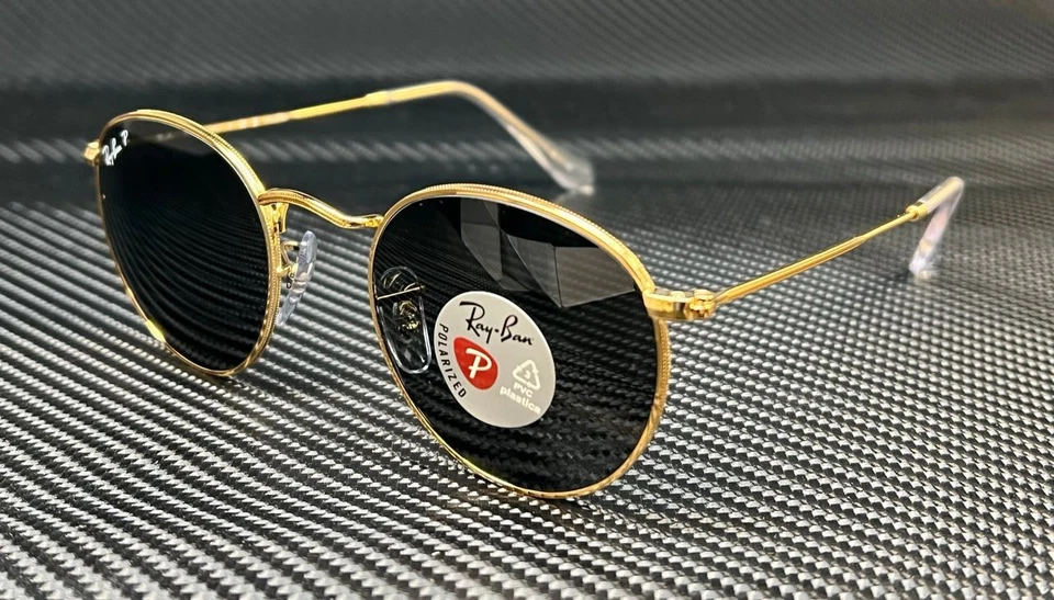 Ray-Ban Adult RB3447 Round Metal Polarized Polished Gold/Black 47mm Sunglasses