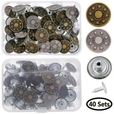 40 Sets Metal Jeans Tack Press Button w/Rivet+Box Replacement DIY Fitting 17mm - Image 1 of 4